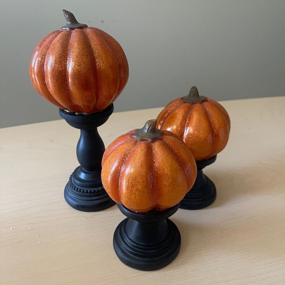 Set of 3 Pumpkins on Stand 4" to 10" height Halloween & Thanksgiving Decoration